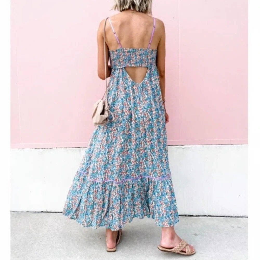 Free People Blue and White Smocked Resort Sundress